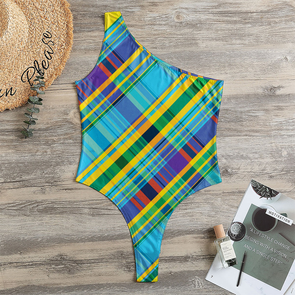 Colorful Tartan Pattern Print One Shoulder Bodysuit