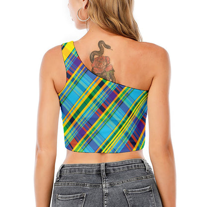 Colorful Tartan Pattern Print One Shoulder Crop Top