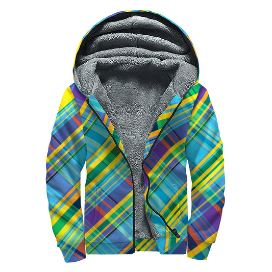 Colorful Tartan Pattern Print Sherpa Lined Zip Up Hoodie