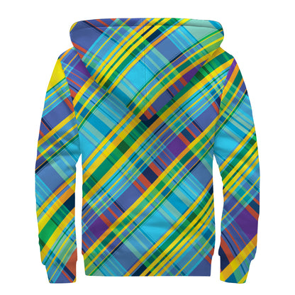 Colorful Tartan Pattern Print Sherpa Lined Zip Up Hoodie