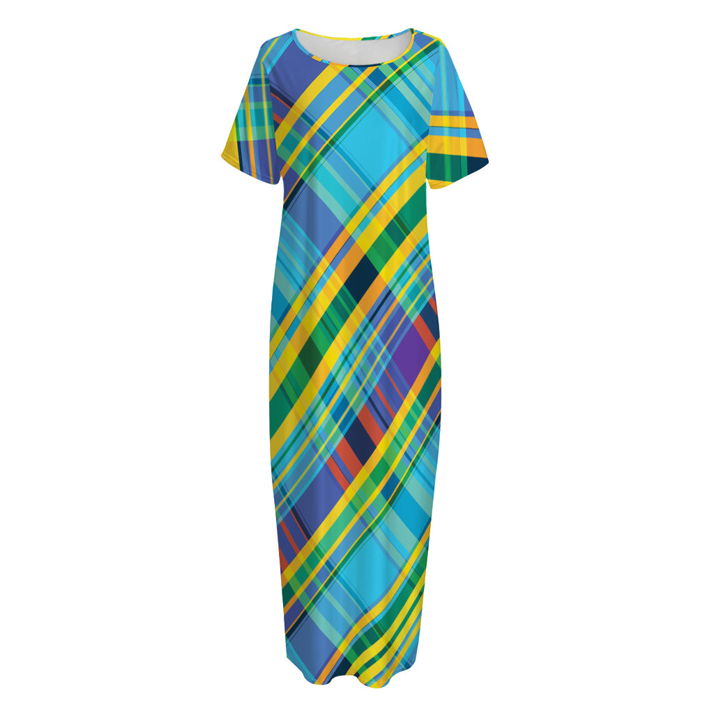 Colorful Tartan Pattern Print Short Sleeve Long Nightdress