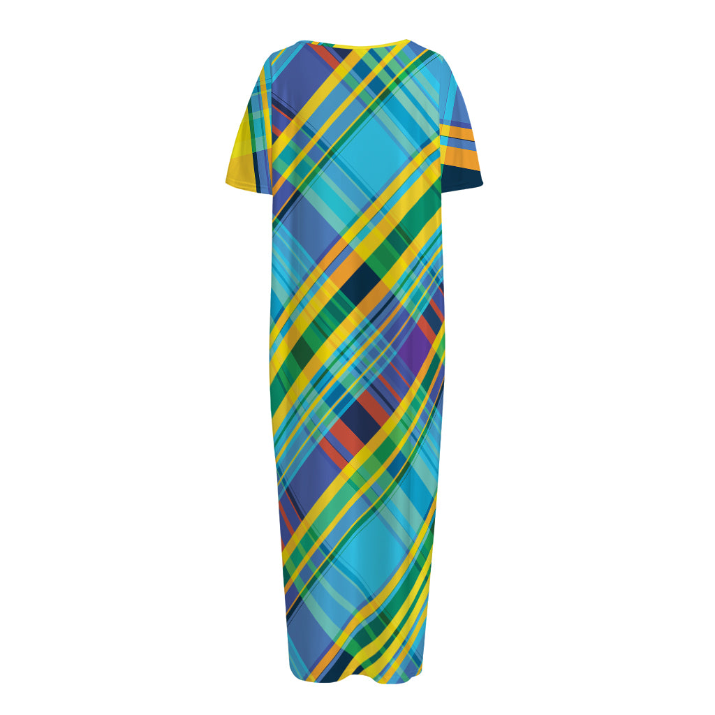 Colorful Tartan Pattern Print Short Sleeve Long Nightdress