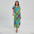 Colorful Tartan Pattern Print Short Sleeve Maxi Dress