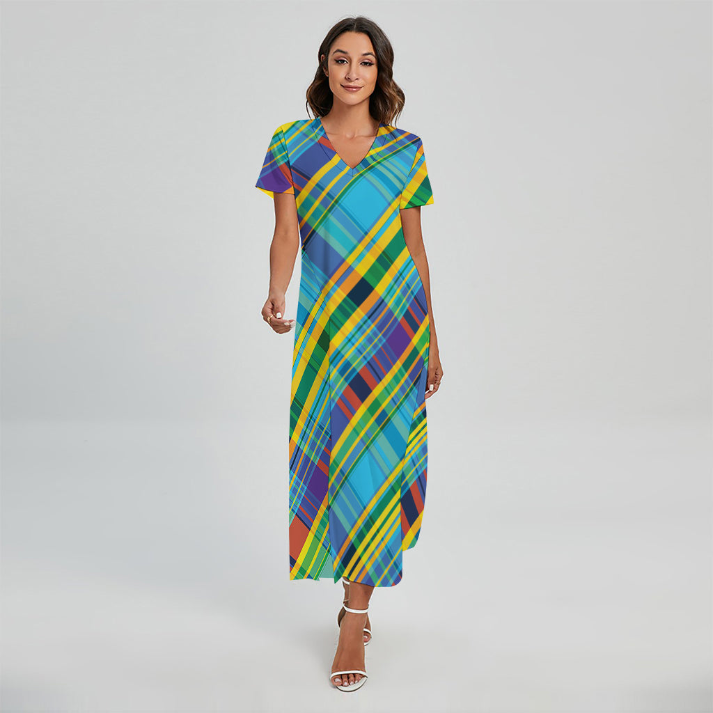 Colorful Tartan Pattern Print Short Sleeve Maxi Dress