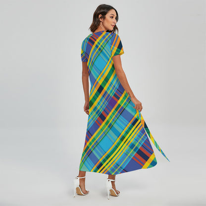 Colorful Tartan Pattern Print Short Sleeve Maxi Dress