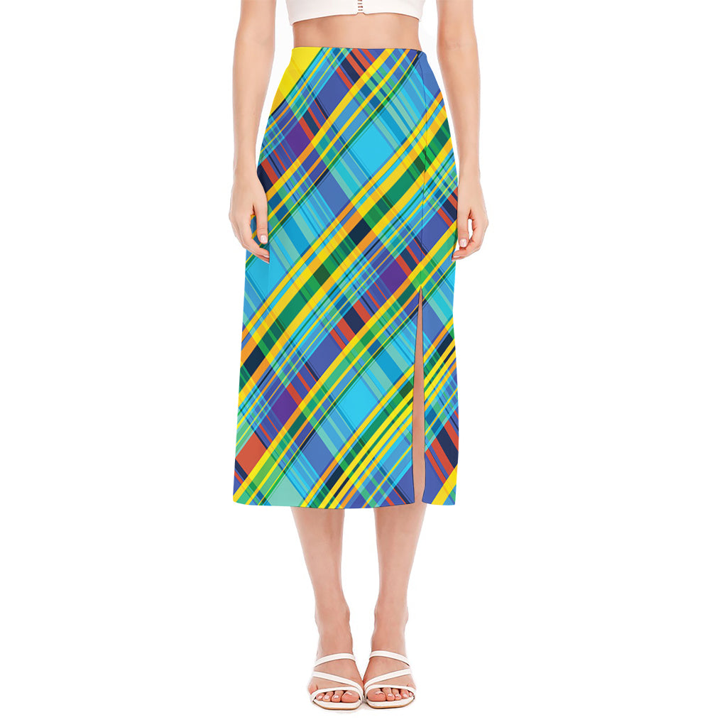 Colorful Tartan Pattern Print Side Slit Midi Skirt