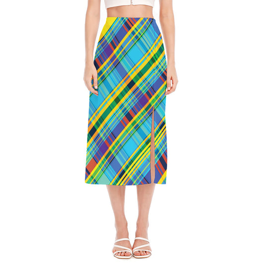 Colorful Tartan Pattern Print Side Slit Midi Skirt