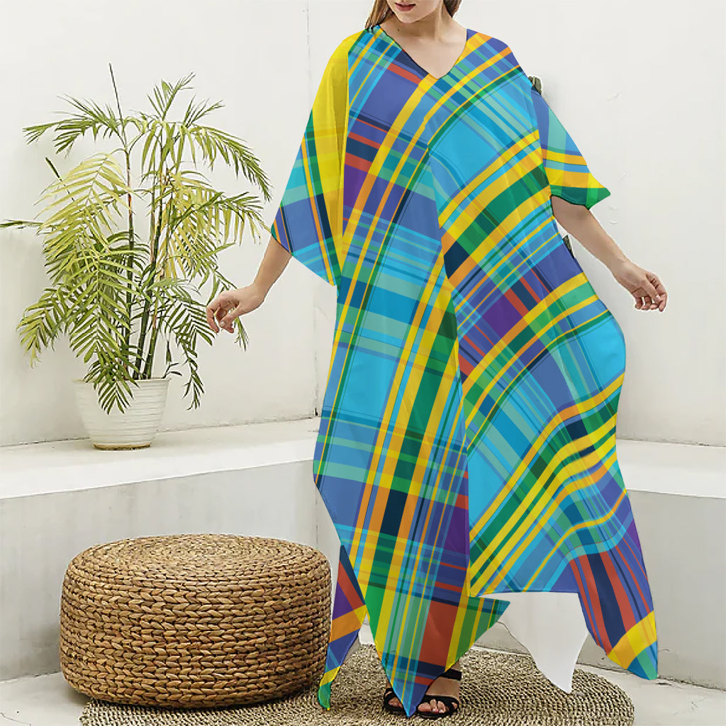 Colorful Tartan Pattern Print Silk V-Neck Kaftan Dress
