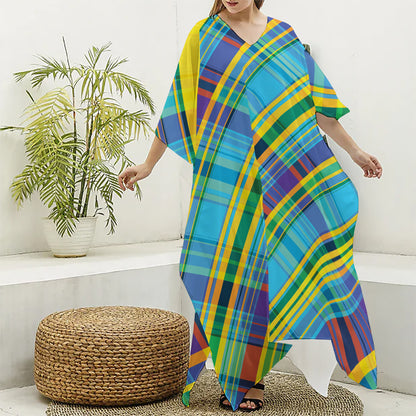 Colorful Tartan Pattern Print Silk V-Neck Kaftan Dress