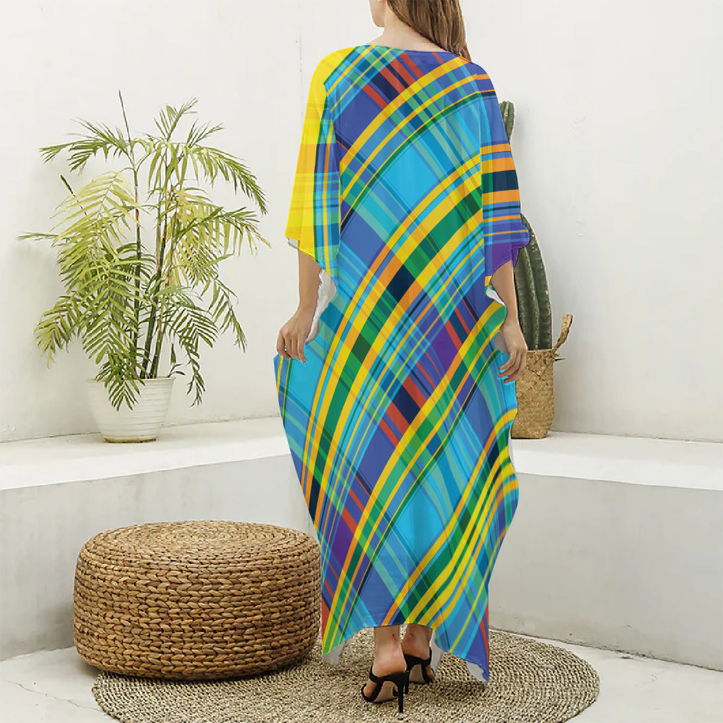 Colorful Tartan Pattern Print Silk V-Neck Kaftan Dress