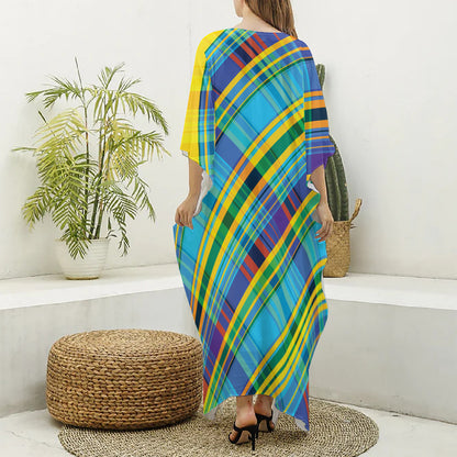 Colorful Tartan Pattern Print Silk V-Neck Kaftan Dress