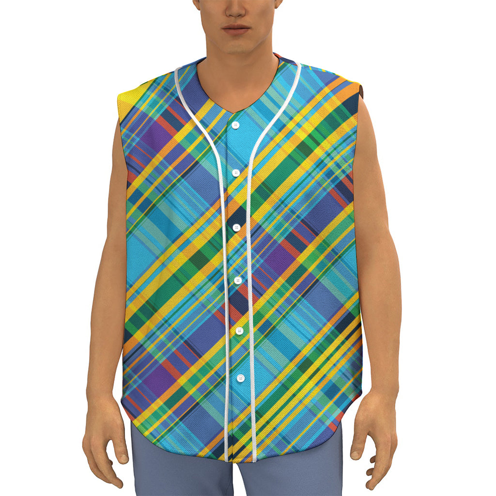 Colorful Tartan Pattern Print Sleeveless Baseball Jersey
