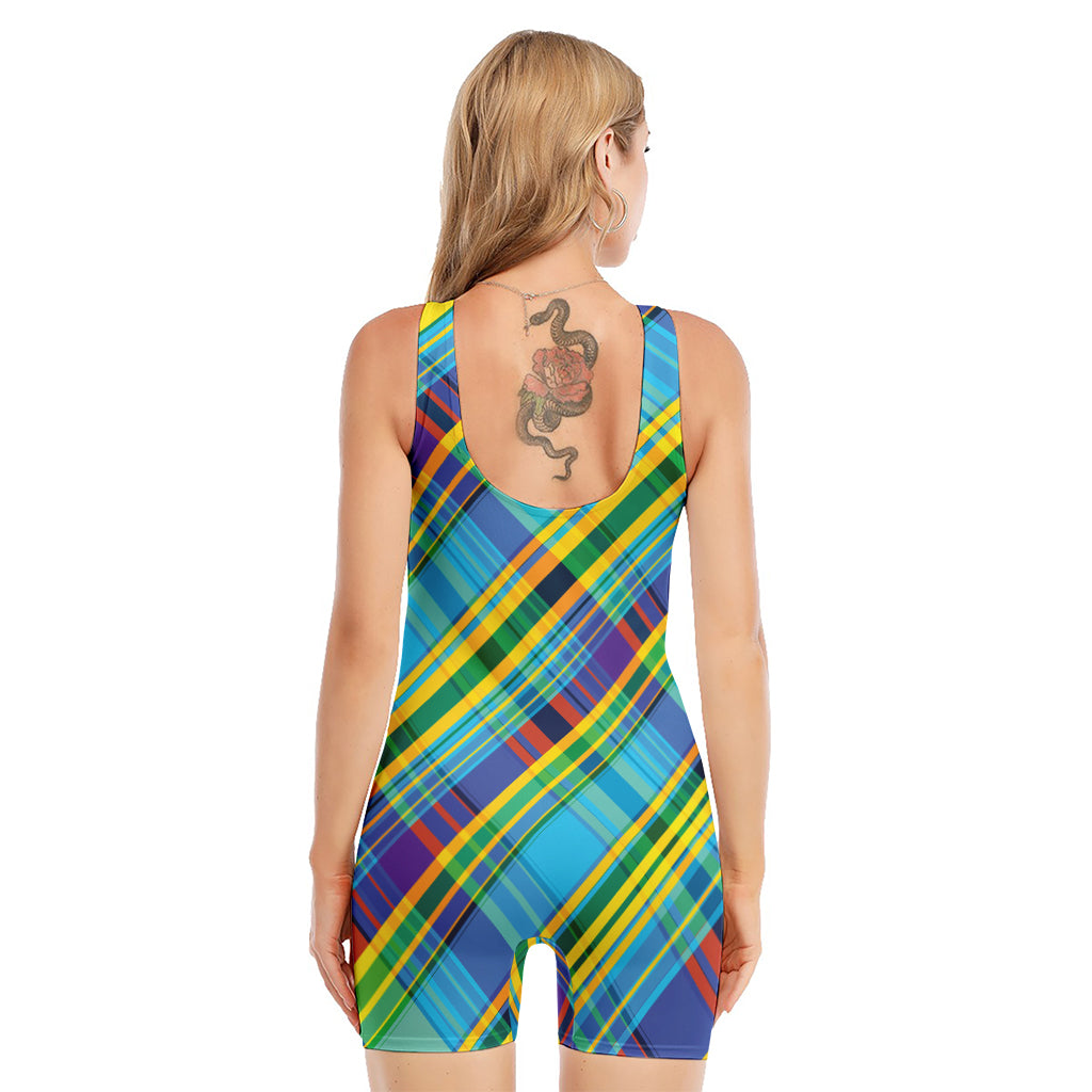 Colorful Tartan Pattern Print Sleeveless One Piece Swimsuit