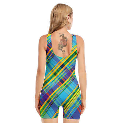 Colorful Tartan Pattern Print Sleeveless One Piece Swimsuit