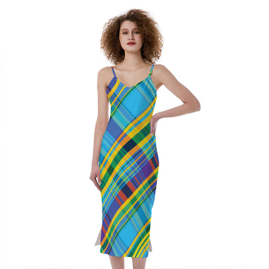 Colorful Tartan Pattern Print Slim Fit Midi Cami Dress