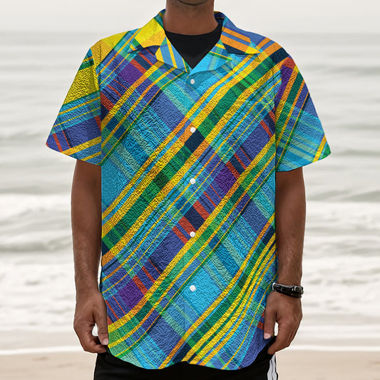 Colorful Tartan Pattern Print Textured Short Sleeve Shirt