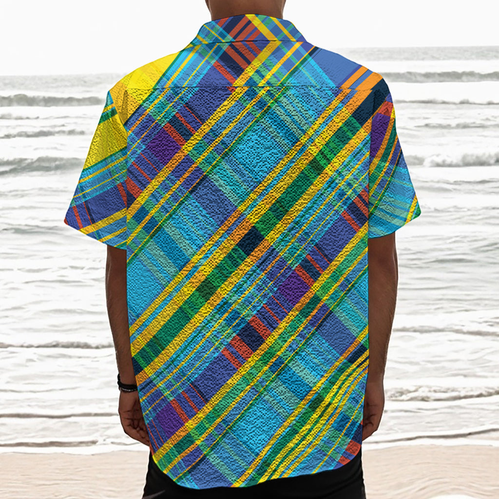 Colorful Tartan Pattern Print Textured Short Sleeve Shirt