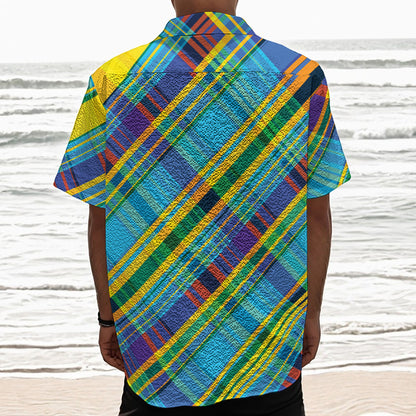 Colorful Tartan Pattern Print Textured Short Sleeve Shirt
