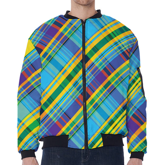 Colorful Tartan Pattern Print Zip Sleeve Bomber Jacket