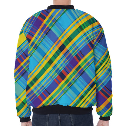 Colorful Tartan Pattern Print Zip Sleeve Bomber Jacket
