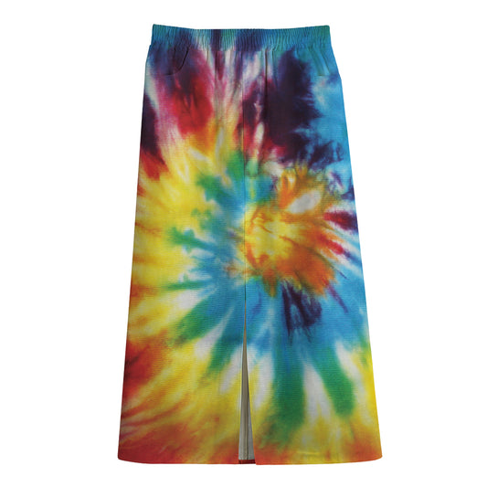 Colorful Tie Dye Print Cotton Front Slit Maxi Skirt