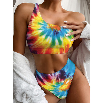 Colorful Tie Dye Print One Shoulder Bikini Top