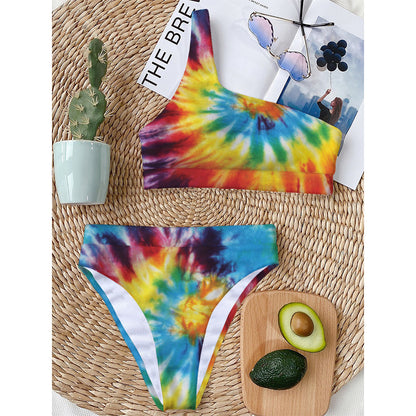 Colorful Tie Dye Print One Shoulder Bikini Top