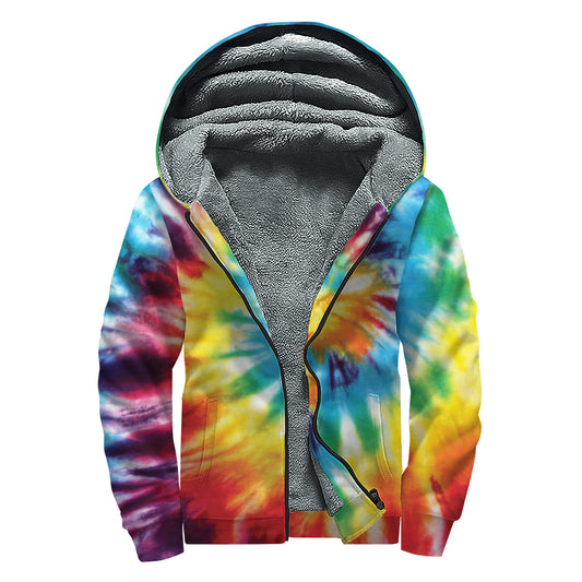 Colorful Tie Dye Print Sherpa Lined Zip Up Hoodie