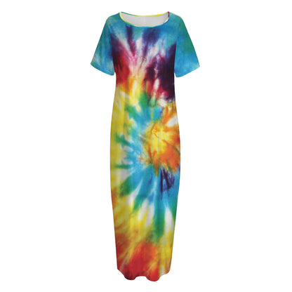 Colorful Tie Dye Print Short Sleeve Long Nightdress