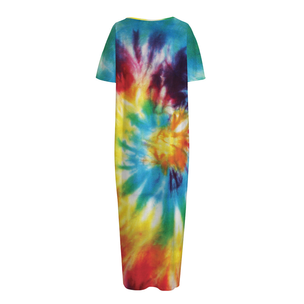 Colorful Tie Dye Print Short Sleeve Long Nightdress