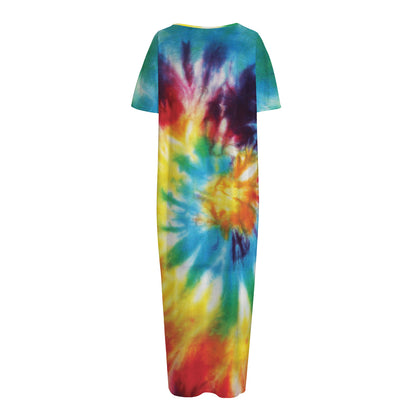 Colorful Tie Dye Print Short Sleeve Long Nightdress
