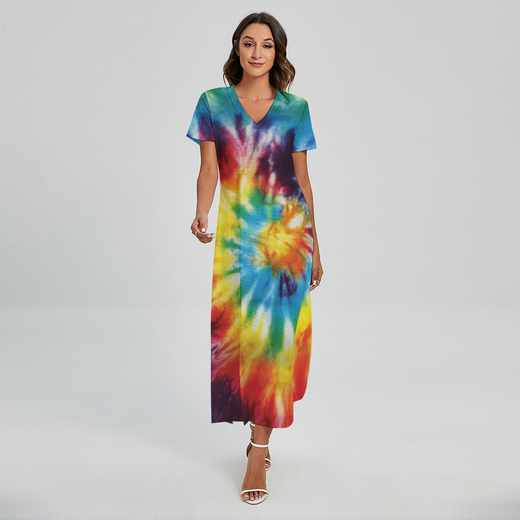 Colorful Tie Dye Print Short Sleeve Maxi Dress