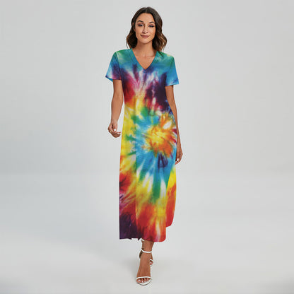 Colorful Tie Dye Print Short Sleeve Maxi Dress