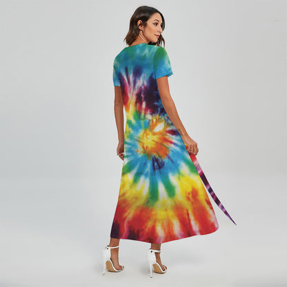 Colorful Tie Dye Print Short Sleeve Maxi Dress