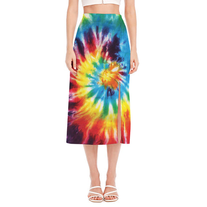 Colorful Tie Dye Print Side Slit Midi Skirt