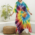 Colorful Tie Dye Print Silk V-Neck Kaftan Dress