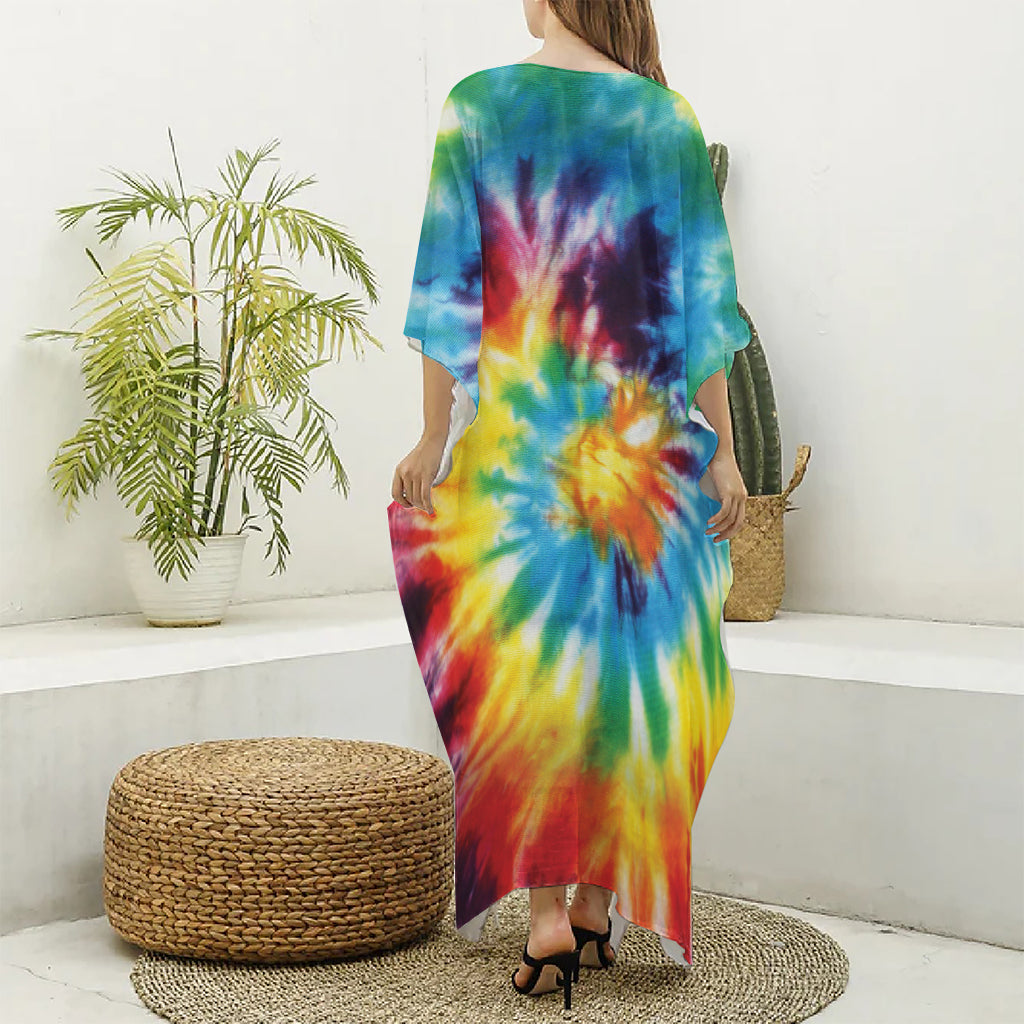 Colorful Tie Dye Print Silk V-Neck Kaftan Dress