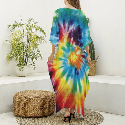 Colorful Tie Dye Print Silk V-Neck Kaftan Dress