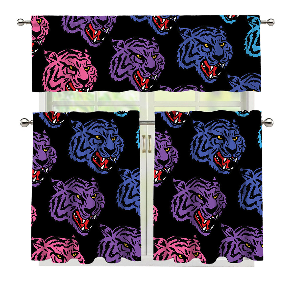 Colorful Tiger Head Pattern Print 3 Piece Kitchen Curtains