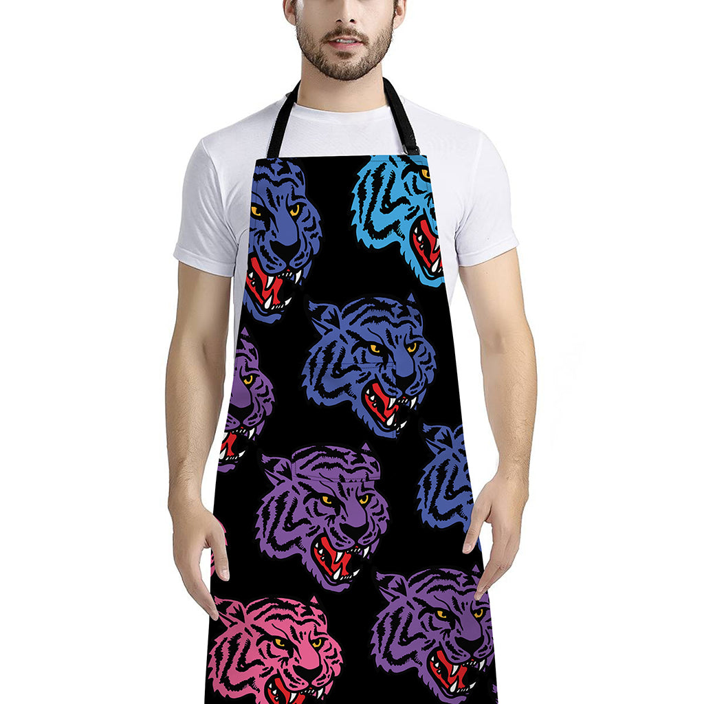 Colorful Tiger Head Pattern Print Bib Apron With Pocket
