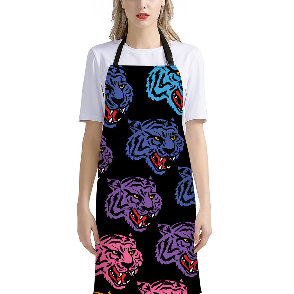 Colorful Tiger Head Pattern Print Bib Apron With Pocket