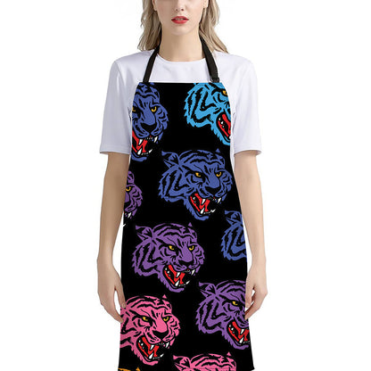 Colorful Tiger Head Pattern Print Bib Apron With Pocket