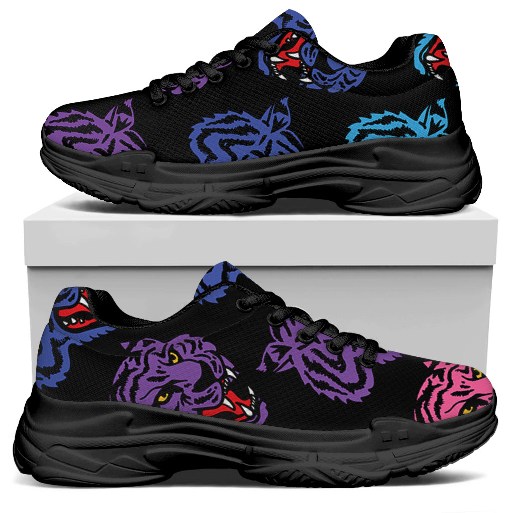 Colorful Tiger Head Pattern Print Black Chunky Shoes