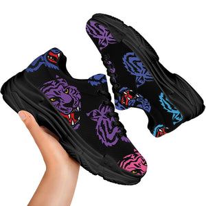 Colorful Tiger Head Pattern Print Black Chunky Shoes