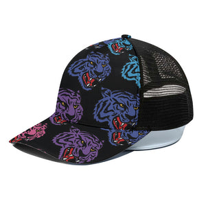 Colorful Tiger Head Pattern Print Black Mesh Trucker Cap