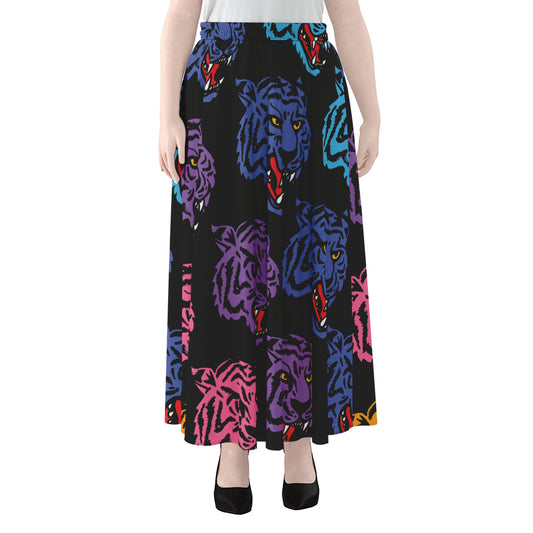 Colorful Tiger Head Pattern Print Chiffon Maxi Skirt