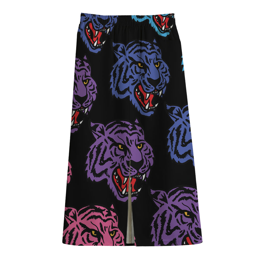 Colorful Tiger Head Pattern Print Cotton Front Slit Maxi Skirt