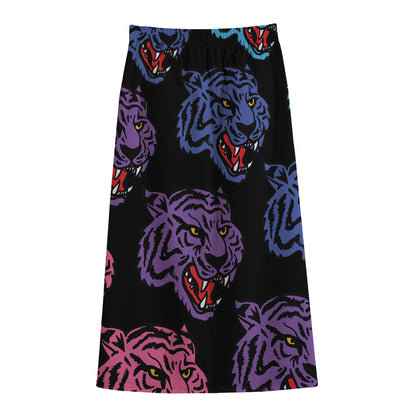 Colorful Tiger Head Pattern Print Cotton Front Slit Maxi Skirt