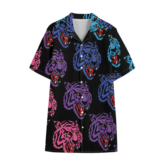 Colorful Tiger Head Pattern Print Cotton Hawaiian Shirt