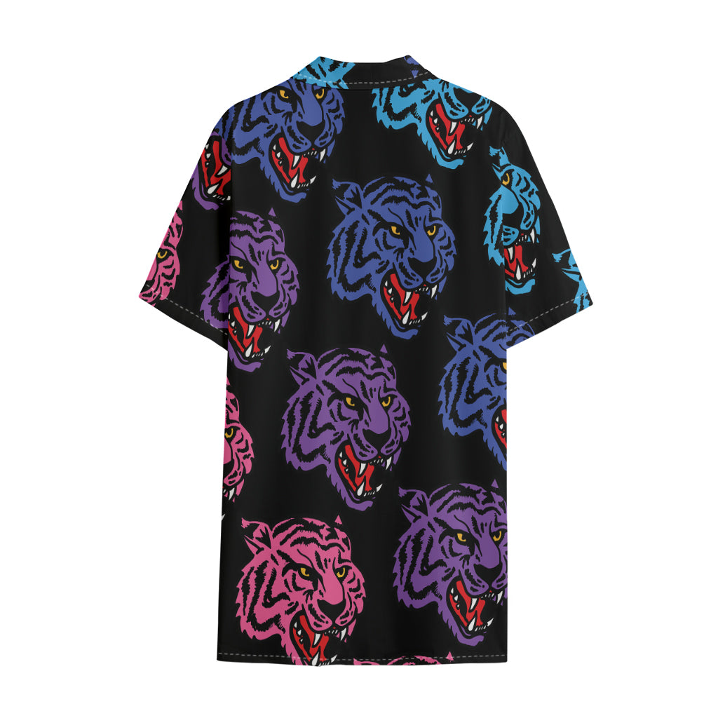 Colorful Tiger Head Pattern Print Cotton Hawaiian Shirt